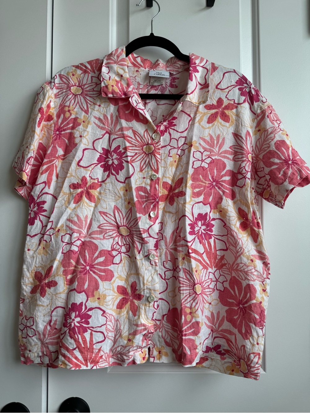 Vintage Hot Cotton 100% Linen Pink Floral Camp Shirt Top Size Medium USA Made